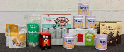 NEW IN BOX FOOD PRODUCTS!!! (5) Containers Of Bloom Sour Peach Ring High Energy Pre-Workout, (1) Box Of Applaws Taste Toppers Chicken Breast with Lamb Recipe in Gravy, (3) Bags Of Mints, And So Much More!!