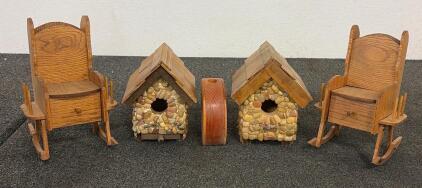 Handmade Decorative Wooden Birdhouses & Miniature Rocking Chairs Set