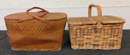 Vintage Wicker Picnic Baskets, Hinged and Removable Lids, Wicker & Wood Handles