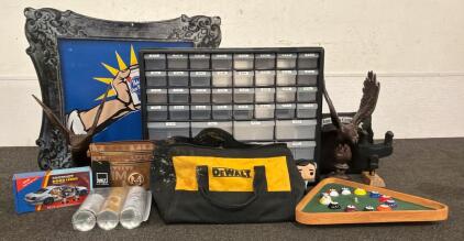 (1) Plastic Storage Cabinet With 36 Compartments, (1) Dewalt Bag Filled With Various Tools, (1) Funko Pop! Television: The Office - Straitjacket Michael Scott Vinyl Figure, And So Much More!!