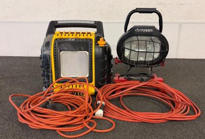 (1) DEWALT 12,000 BTU Cordless Portable Propane Radiant Heater, (1) Husky Work Light, And (2) Extension Cords!!