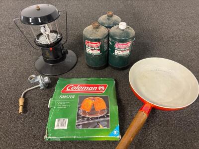 (1) Coleman Camping Gear Set with Lantern,(1) Toaster, Frying Pan, 3 Propane Canisters