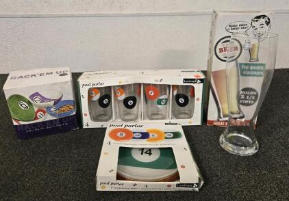 (4) Pool Parlor Cups, (4) Pool Parlor 8" Plates, (4) Rack'Em Up Snack Bowls, (1) Giant Beer Glass