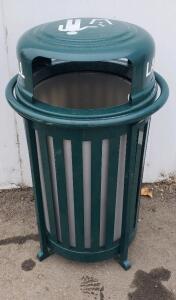 Green Outdoor Waste Receptacle, Landfill Labeled, Steel Frame, 32 Gallons