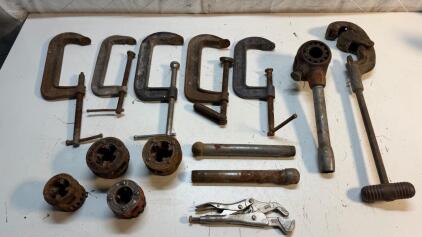 (5) C-Clamps (5) Pipe Threader Die Heads & More
