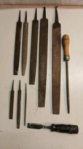 (9) Assorted Metal Files (1) Chisel