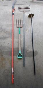 (1) Metal Rake (1) Weeding Hoedad (1) Tree Limb Trimmer (1) Pitch Fork