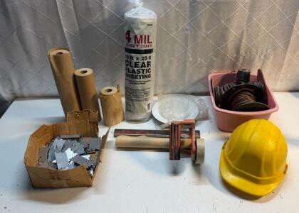 Construction and Painting Supplies Bundle with Hard Hat, Metal Plates, and More
