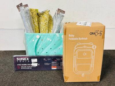 Teal Rubber Tote, (10) Microfiber Dusters, Collapsible Baby Bathtub, and Sunex 4-Piece Aligning and Rolling Pry Bar Set