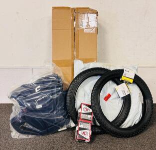 Bike Stand, Champro Chest Protector (Youth), and (2) Sets Of Street Fit 2-Pack BMX Tires (16"x1.75")