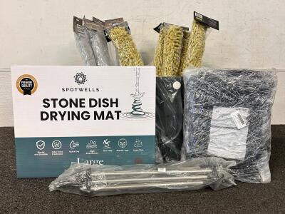 Rubber Tote Bag, Spotwells Stone Dish Drying Mat (Large), Black Furry Area Rug, (10) Microfiber Dusters, and Sprinkler Tripod