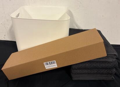 Bath Lot (4) Large Gray Towels (1) Plastic Trash Can And (1) 2 Piece Bath Towel Bar
