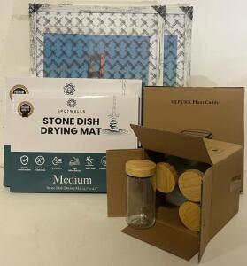(2) White Rustic Picture Frames, Medium & Large Stone Dish Drying Mats, (2) Wooden Plant Caddies & (4) Pcs 24Oz Jars W/ Bamboo Lids