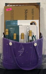 Women&rsquo;s Lot (1) Large Tote (1) Wooden Picture Frame (2) Stone Dish Drying Mats (1) Stone Bath Mat (4) Bottles Pear Bubbly Reserve
