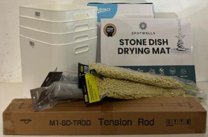 (4) Storage Bins, Stone Drying Mat, Toilet Seat, Tension Bar & More