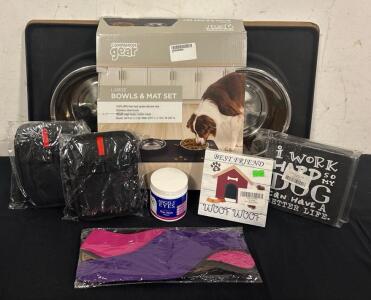 Pet Lot Including Large Mat With Bowls (2) DeShedders Tear Stain Wipes And More