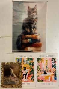 Wall Decor &mdash; (2) Pcs Cat Bathroom Prints, Cat Print & Vintage Style Framed Print
