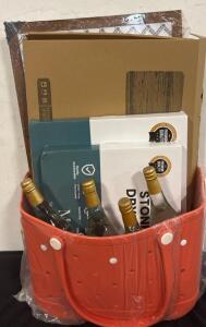 Women&rsquo;s Lot (1) Wooden Picture Frame (2) Stone Dish Drying Mats (1) Stone Bath Mat (4) Bottles Pear Bubbly Reserve (1) Large Tote