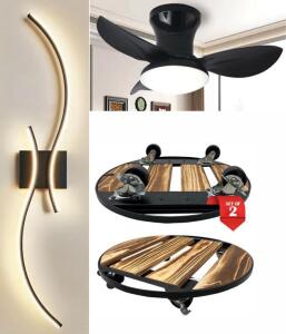 25&rdquo; Ceiling Fan W/ Light, (2) 39&rdquo; Light Fixtures & (2) Wooden Rolling Plant Caddies