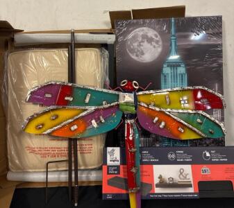 Home Lot (1) New York Canvas (1) Vanity Stool (1) Wooden Floating Shelf (1) Dragon Fly Yard Art