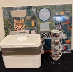 Home Lot (1) Set 4 Stackable Star Wars Mugs (1) Plastic Medicine Chest (2) Animal Print Wall Canvases