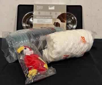 Dog Lot (1) Large Bowl and Mat Set (1) Dog Bed with Removable Cover (1) Dog Toy
