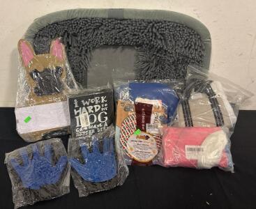 Pet Lot Including Dog Bed Dog Planter Decorative Sign Varioous Inflateable Collars And Glove DeShedders.
