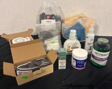 Animal Lot (2) Pet Grooming Hammocks M And L (3) Inflateable Collars ( M L XL) Various Pet Remedies And More