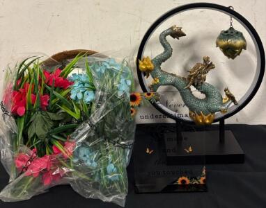 Home Decor Lot (1) Dragon Lamp (1) Floral Basket Hanging and (1) Motivational Sign With Stand