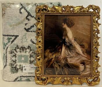 Vintage Style Gold Framed Art & Boho Style Area Rug (6x9)