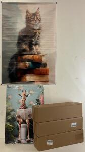 (3) Cat Climbing Wall Carpets, (3) Pcs Funny Bathroom Animal Prints & Kitten Print