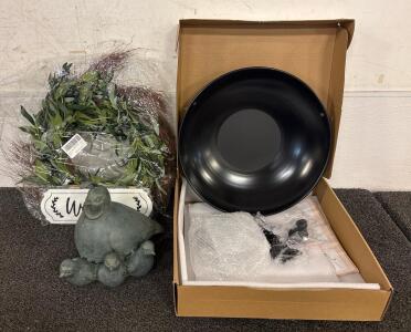 Outdoor Home Decor (1) Hanging Metal Bird Bath (1) Quail and Babies Statue (1) Welcome Wreath