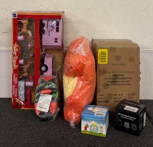 Kids Lot (1) Glow in The Dark Sleeping Bag And Soccer Ball (1) Valley Ranch Barbie Play Set (1) Stuffed Pok&eacute;mon And More