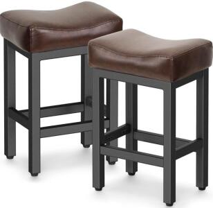 Set Of 2 Leather Upholstered Metal Barstools W/ Saddle Seats