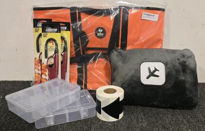 Bug Out First Aide Bag (Orange/Black) (3) Flexible Lighter, Foldable Fleece Blanket/Pillow, Storage Bins And Directional Arrows