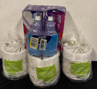 (600) Paper Plates And (2) Boxes Swiffer Wet Jet Mopping Pads And (2) Bottles Swiffer Floor Cleaner