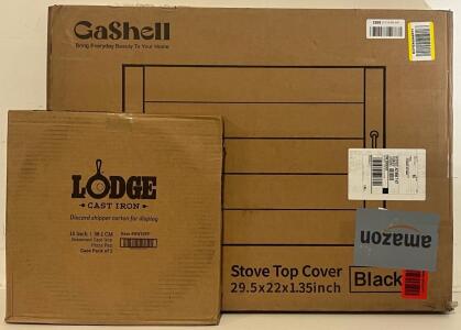 CaShell Wooden Stove Top Cover, Black & Lodge Pack Of 2 15&rdquo; Cast Iron Seasoned Pizza Pans