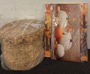 Wicker Basket And Two Autumn Canvases