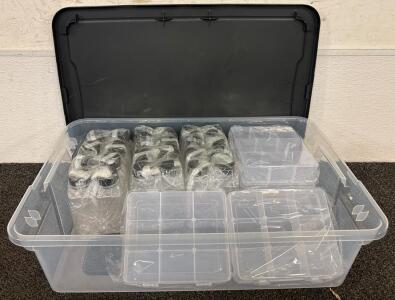 Organizational Lot (1) Large Tote with Lid (24) Plastic 8 PZ Bottles with Lids (5) Plastic Boxes with Dividers