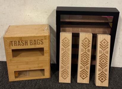 Home a lot (1) Bamboo Trash Bag Dispenser (3) Wooden Planters (1) Wooden Shadow Box with Shelves