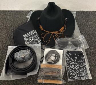 Kids Cowboy Lot (1) Cowboy Hat (1) Belt and Buckle (1) pair Aviator Sunglasses (2) Bandanas (2) Western Jewlery Pieces
