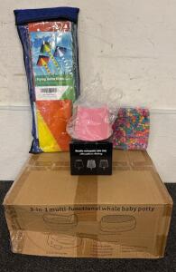 Kid Lot (1) Whale Baby Potty (3) Flying Delta Kites (1) Table Lamp (1) Box of Beads