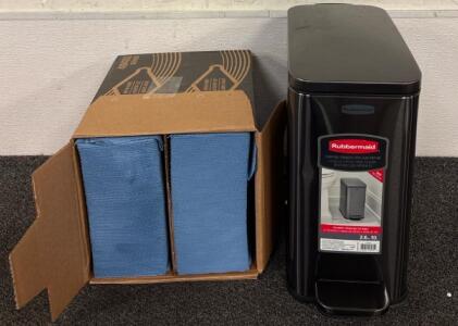 Rubbermaid 2.6 Gallon Trash Can And Box Of Bkue Heavy Duty Towels