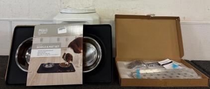Animal (1) Large Bowls And Mat Set (1) Large Food Container 10x14 (1) Semi Enclosed Stainless Steel Litter Box