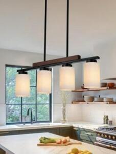 Pendant Light Fixture, Real Wood & Metal, Adjustable Height