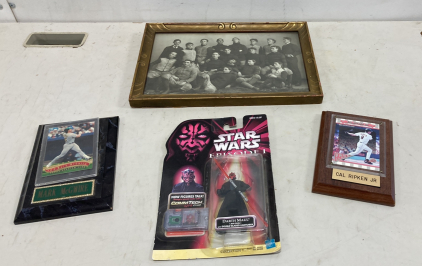 Vintage Football Team Pic, Darth Maul Action Figure & (2) Collector Cards.