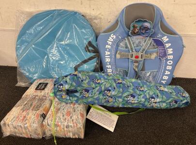 Toddler Lot (1) Baby Float (1) Pop Up Baby Beach Tent (2) Packages Hello Bello Diapers (1) Bluey Kids Chair