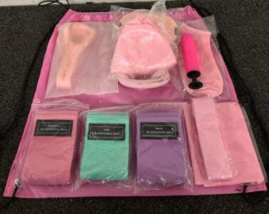 Work Out Exercise Lot Including Resistance Bands Inflatable Ball And More