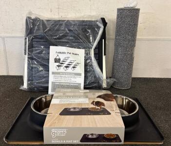 Pet Lot (1) Set Pet Stairs (1) Large Bowls and Mat Set (1) Cat Wall Climbing Carpet