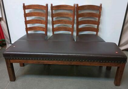 (3) Solid Wood Chairs With Padded Leather Seats, Matching Bench L=65" W=19" H=20"